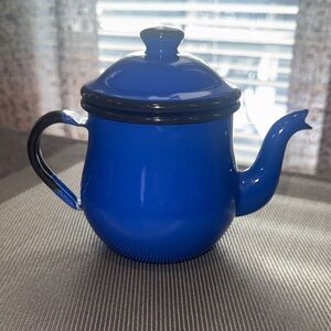 Vintage Enamelware Small Teapot/Creamer Royal Blue Enamel with Black Trim